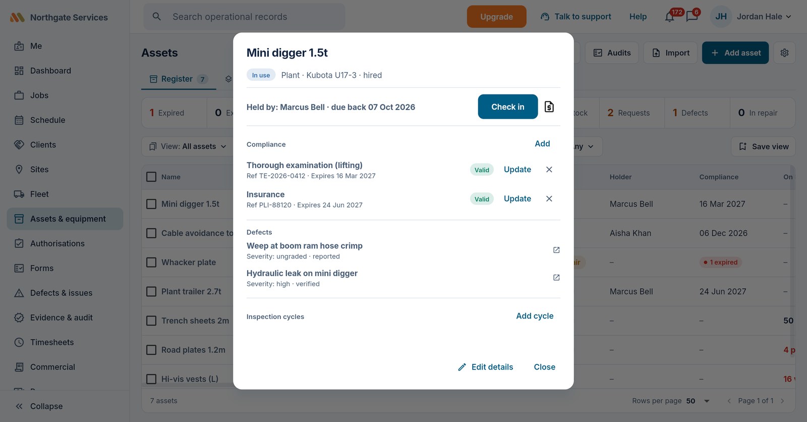 An equipment record with status, custody and inspection history