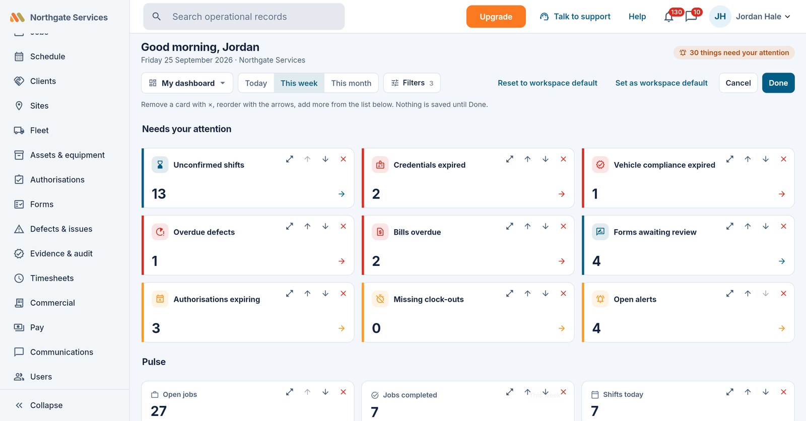 The dashboard editor with available cards and layout controls