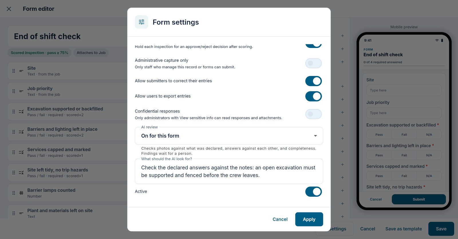 Form controls for administrative capture, corrections, exports and confidential responses