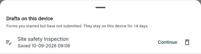 A saved inspection draft with Continue and Delete controls