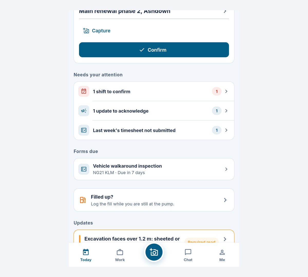 Today's shift, worker actions and forms due in the field app