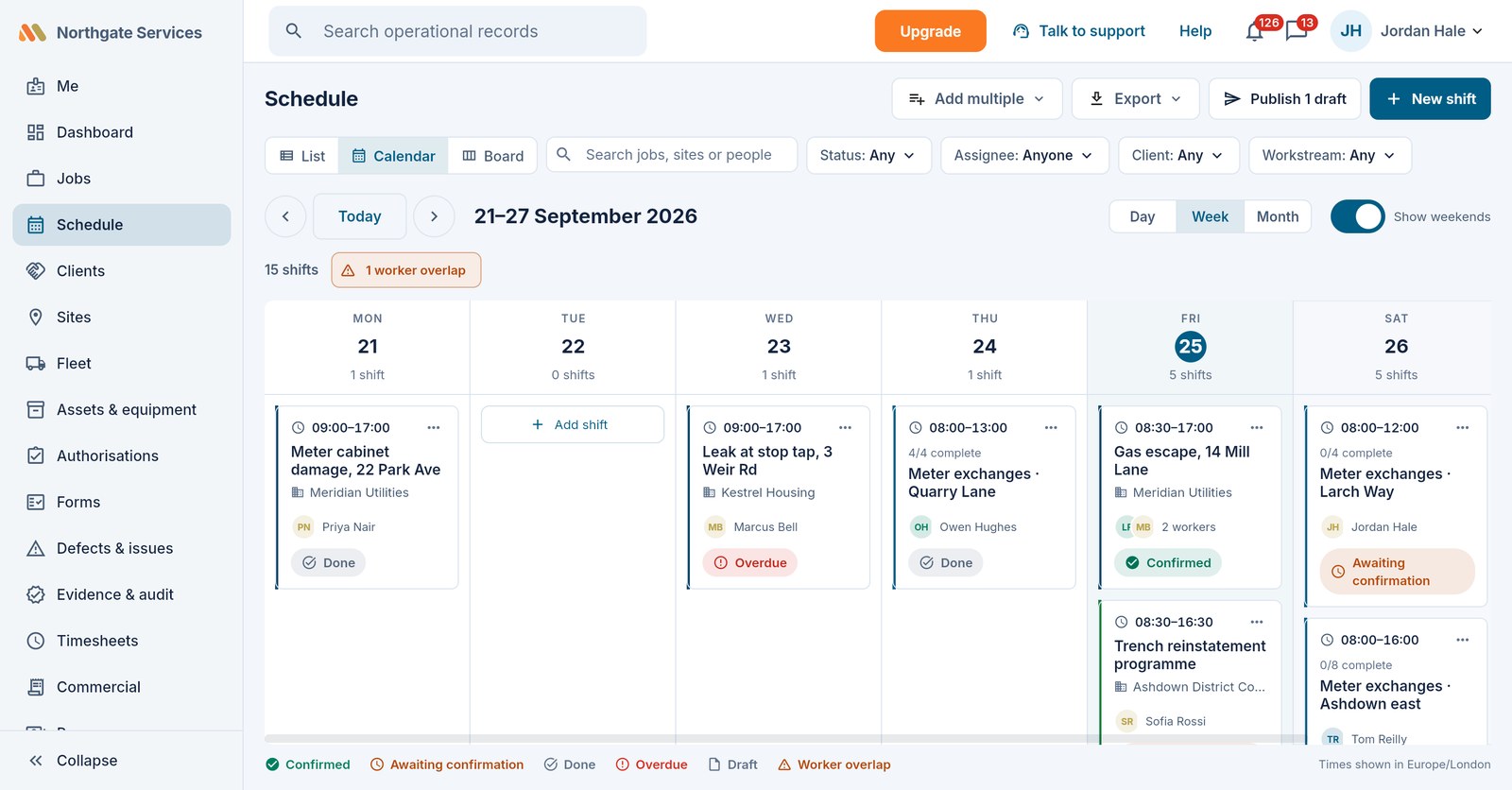 The scheduling calendar with assigned work and route batches