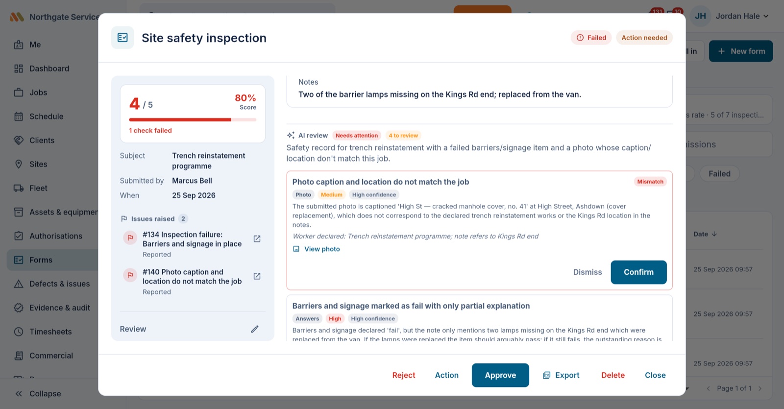 A site inspection with an AI review finding