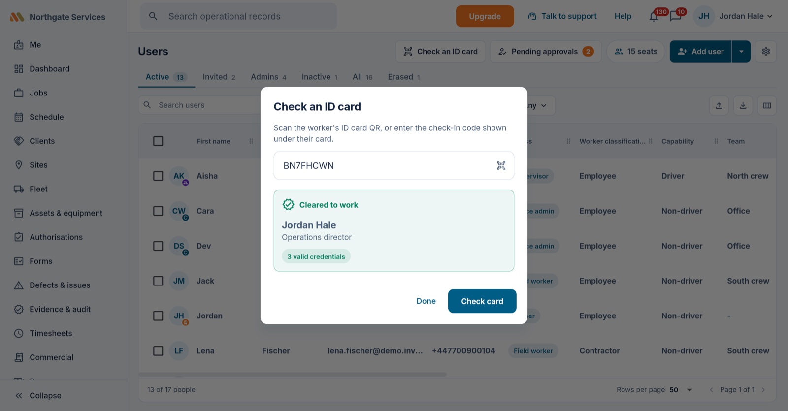 An engineer's ID card checked on site: the verdict against live credentials