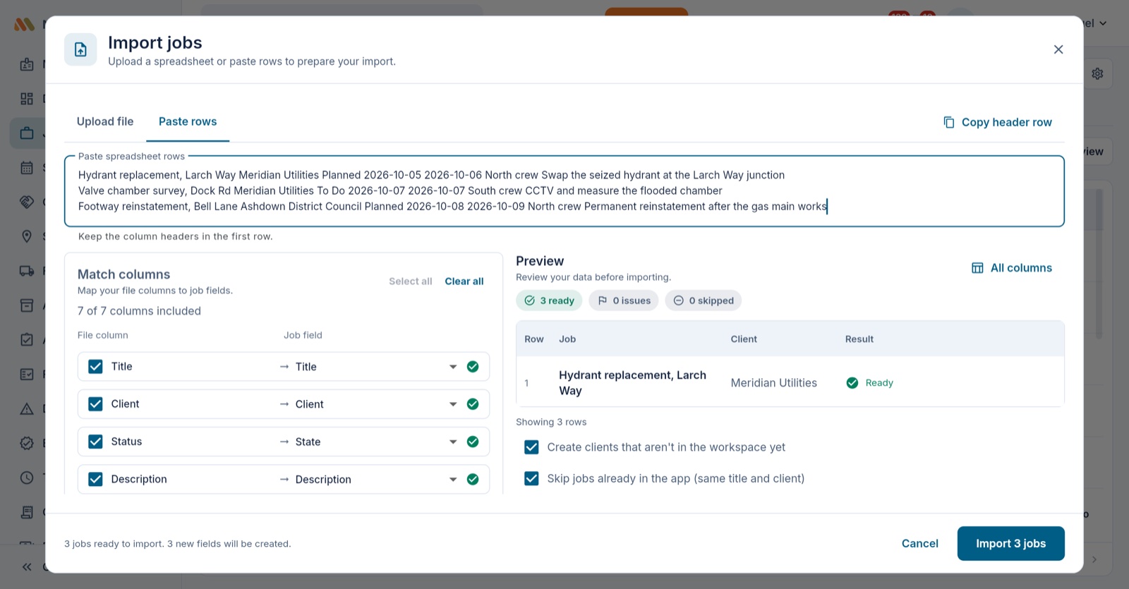 Pasting a spreadsheet into the jobs importer: columns matched and three jobs ready to import