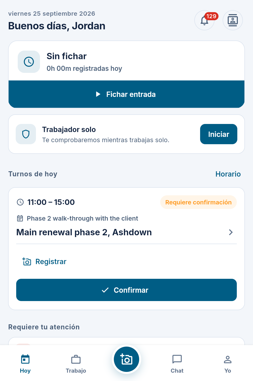 The field app's Today screen in Spanish