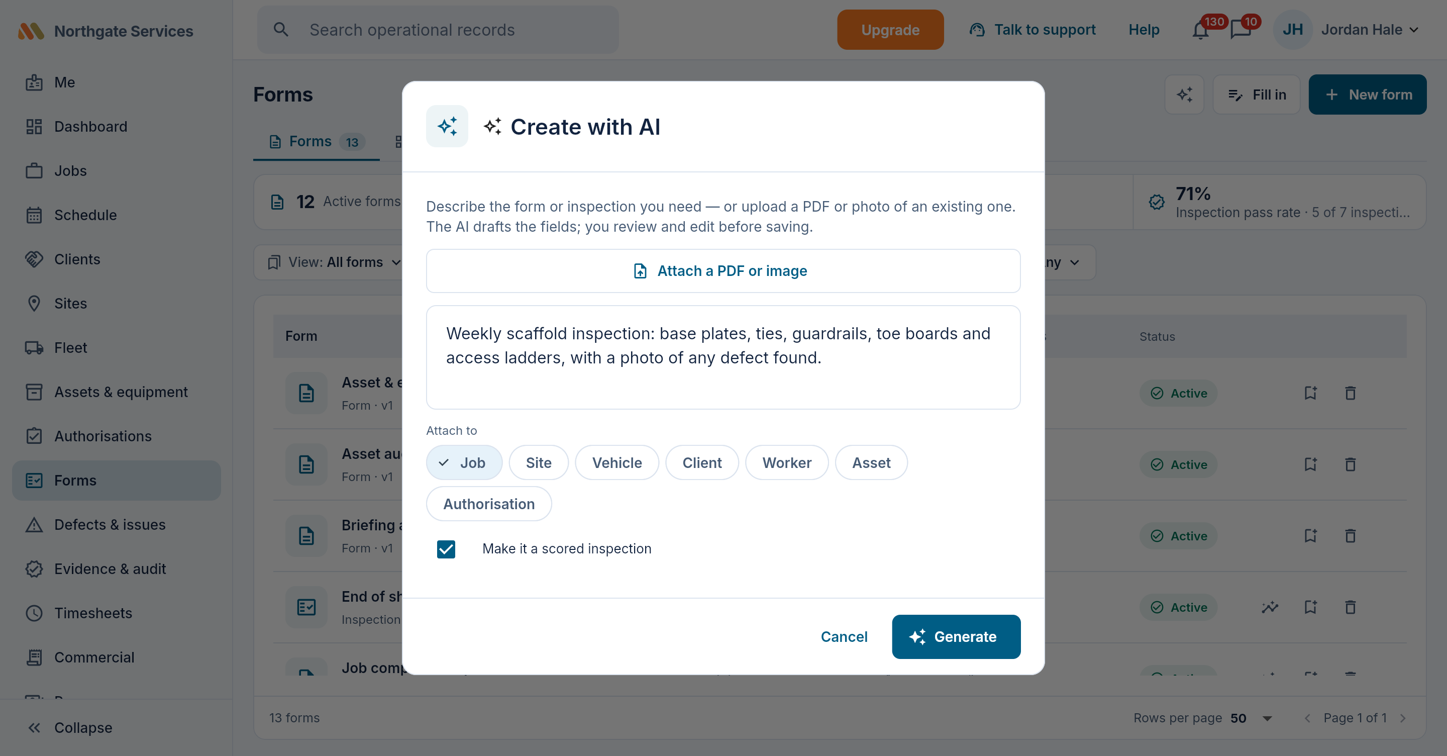 The form builder with the Create with AI dialog