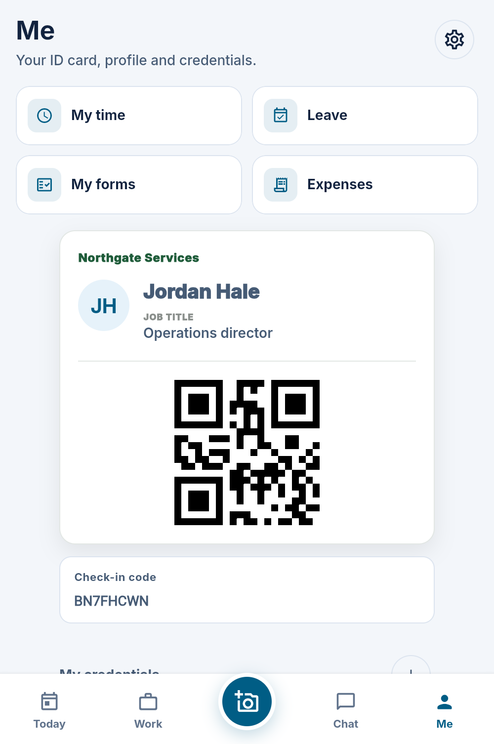 A worker's digital ID card with its check-in code