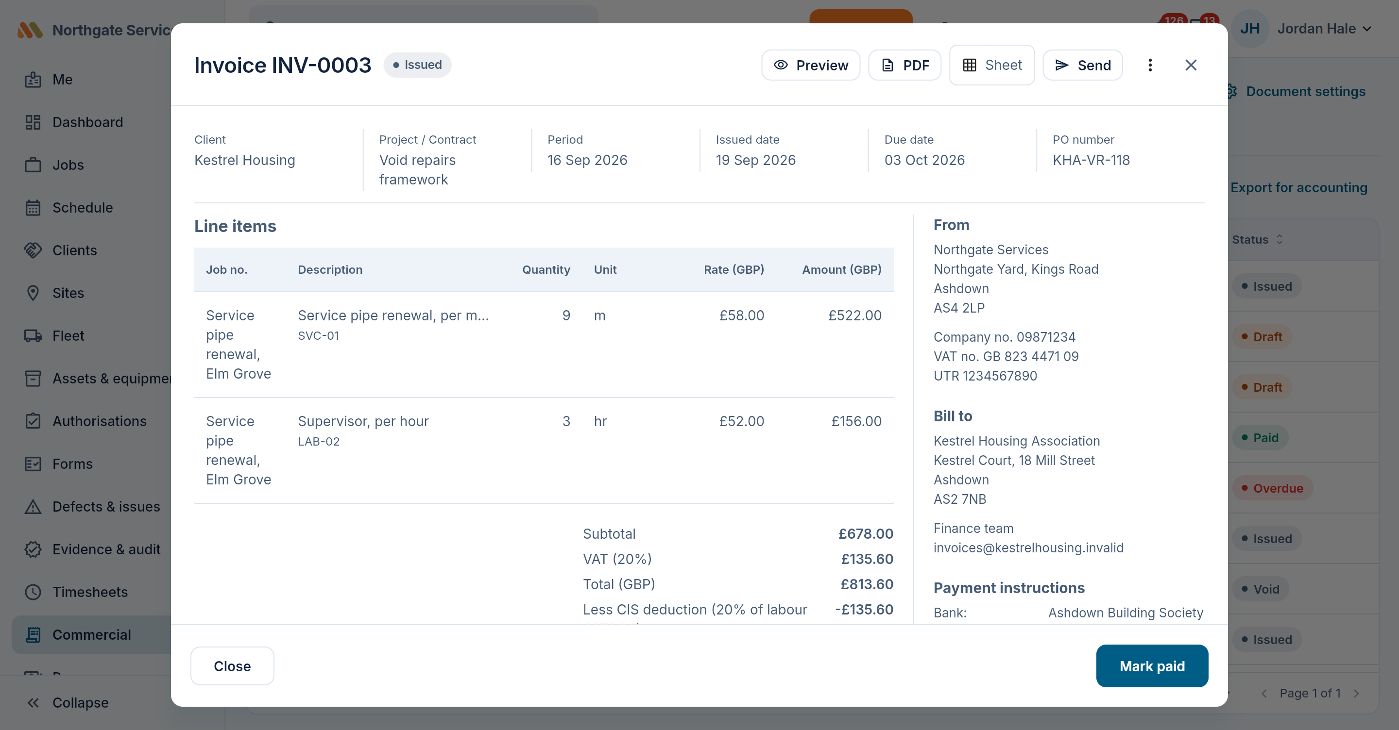 An issued invoice built from approved measures, part paid, with its payments listed