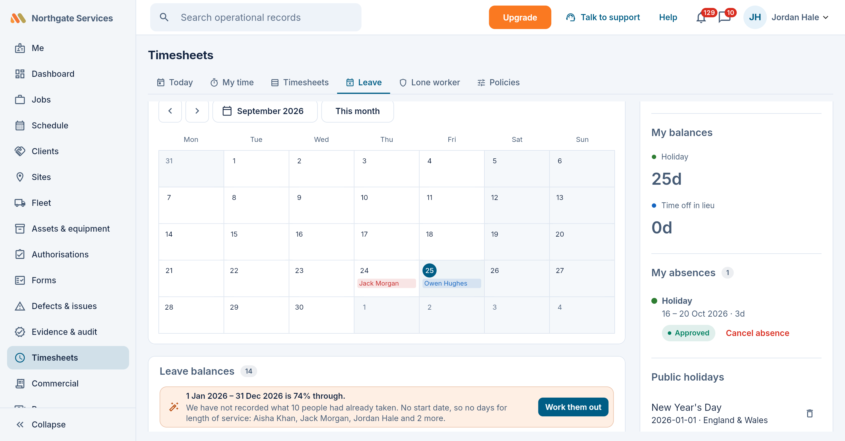 The team leave calendar