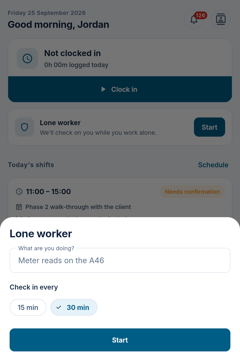 Starting a lone-worker session on the phone: what you are doing and how often to check in