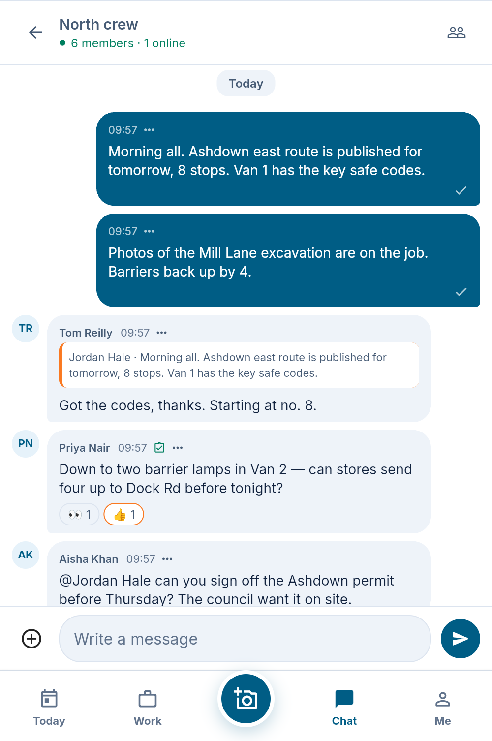 Team chat and a pinned update in the field app