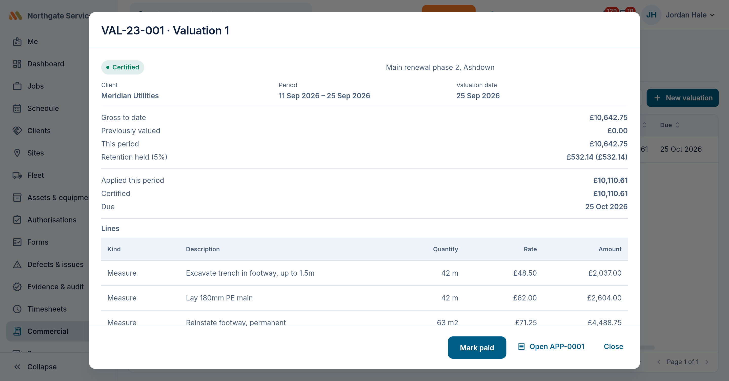 A valuation showing gross to date, retention and applied